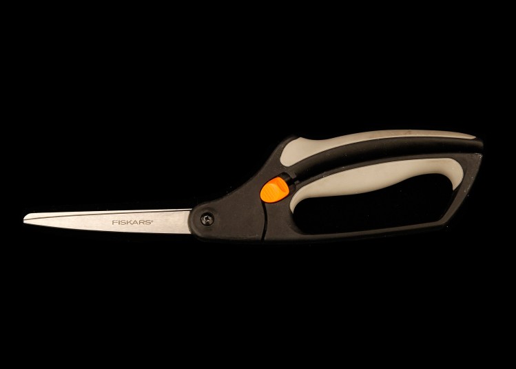 The Fiskars scissors, which look the most like standard scissors of these three objects. The top handle has no loop, eliminating one mode of complexity, and the grip is streamlined and cushioned to reflect its model name of 