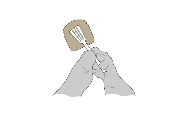 A technical drawing showing Cindy's two hands able to grasp the tongs around a slice of bread with her particular fingers.