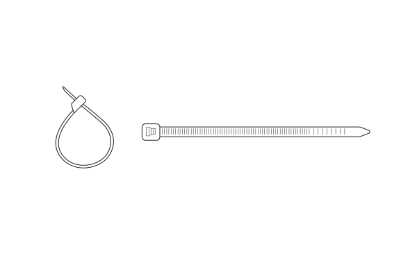 A technical drawing showing the features of a plastic cable tie, both flat and looped for use.
