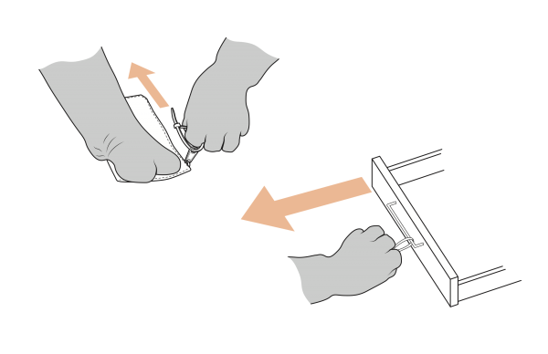 A technical drawing showing Cindy's specific hand movements pulling the zipper on a purse, or opening a drawer by its placement on a small drawer pull.
