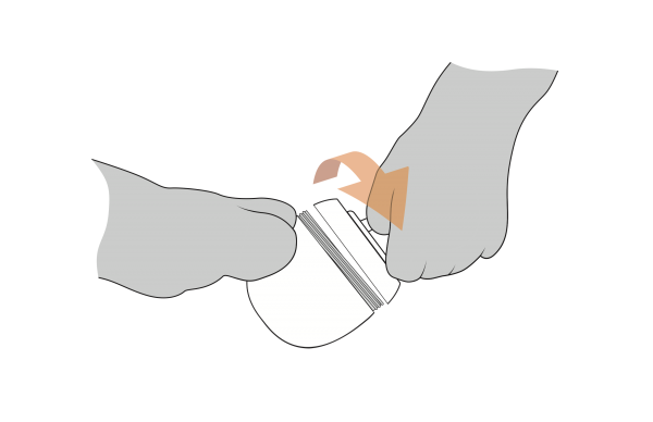 Industrial design black-and-white drawing of hands turning the cold cream jar open while grasping hook.