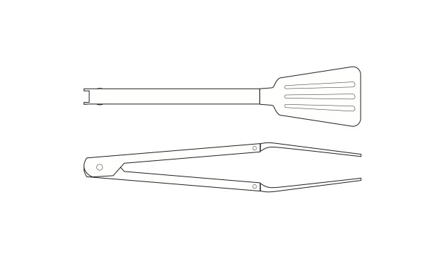 A technical drawing of the tongs, top and side view.
